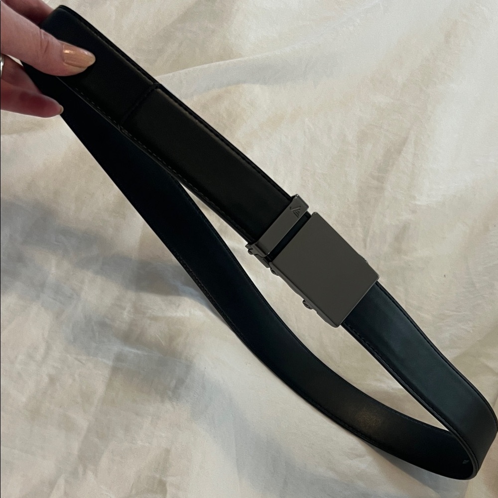 Never worn- new-  Men's Black Leather Belt with Gunmetal Automatic Buckle